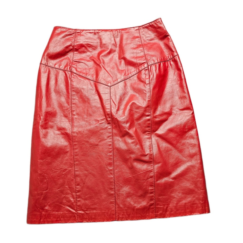 Perspective Pencil Skirt‎ Womens 9 Red Leather Lined Walking Slit Back Zipper